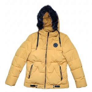 Men's Yellow Puffer Jacket with Faux Fur Hood